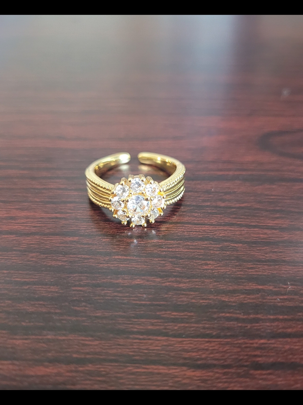 Gold Tone Floral Cluster Ring with Clear Stones - Women's Jewelry